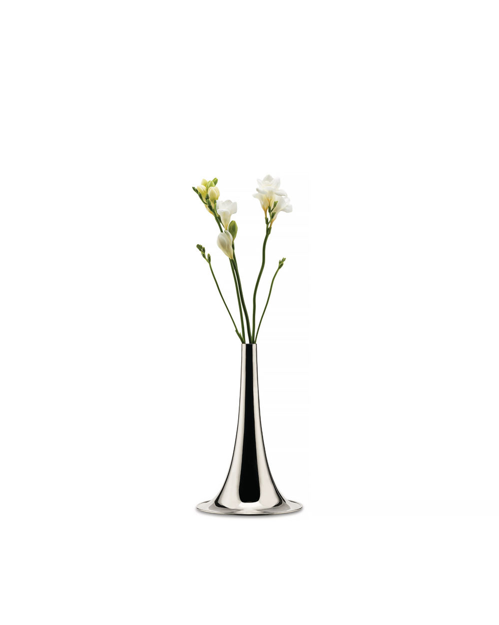 Alessi Trumpet vase narrow in silver, design Michael Anastassiades, with flower branches