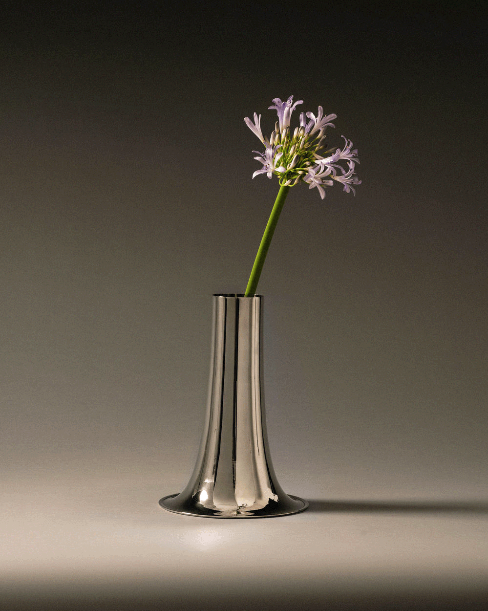 Trumpet vaas breed in zilver van Alessi, met een paarse bloem.
