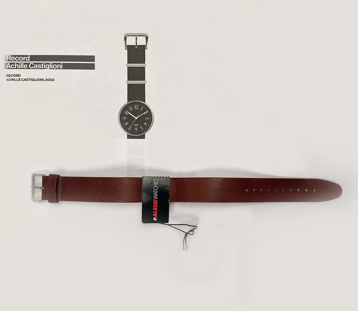Alessi horlogeband voor Record heren horloge, donkerbruin leer, Achille Castiglioni