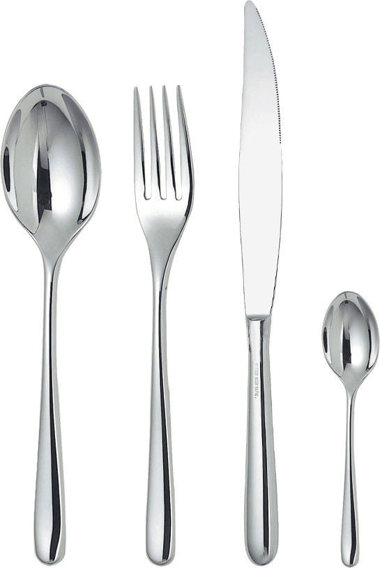 Lepel, 4-tandsvork, mes en kleine lepel uit de Alessi Caccia bestekset