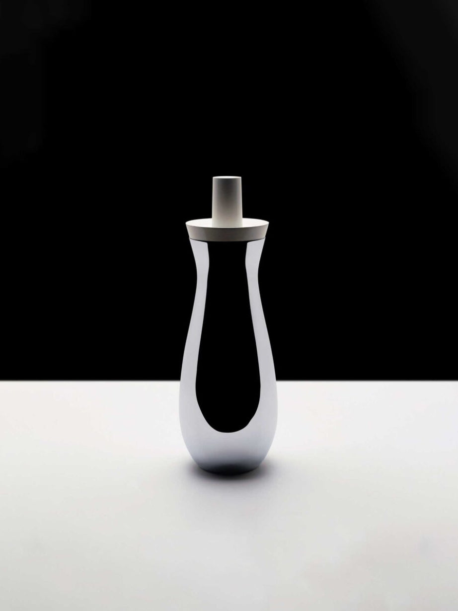 Mami oil bottle by Alessi, design Giovannoni, side view in stainless steel with white cap