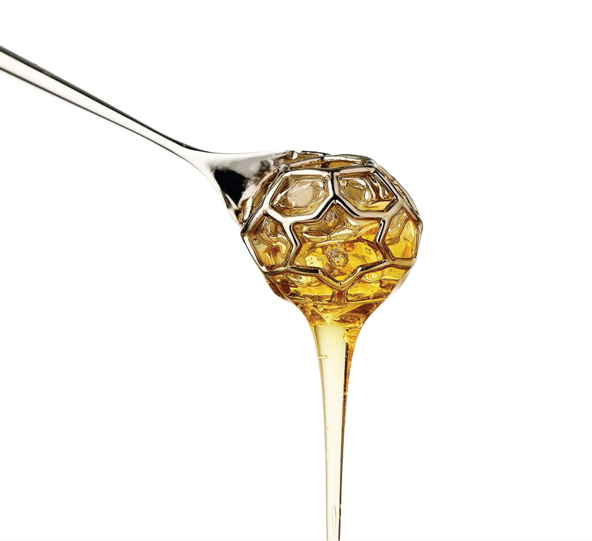 Alessi honinglepel in vorm van dauwdruppel, ontwerp Miriam Mirri, met druipende honing