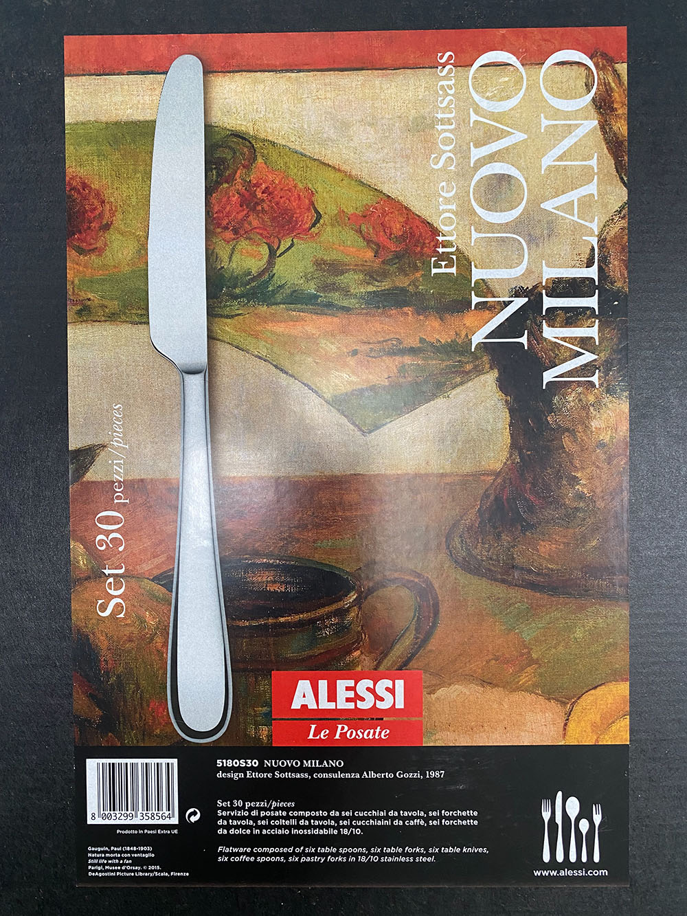 Alessi NUOVO MILANO bestekset 30-delig, rvs, verpakking met productfoto