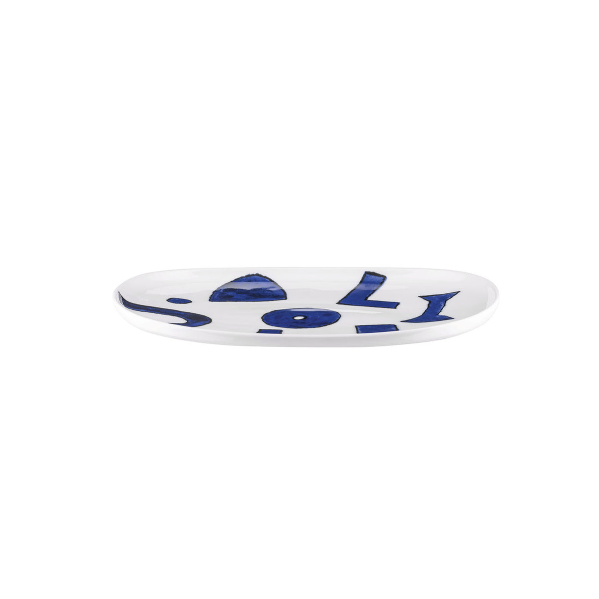 Alessi Itsumo klein ovaal serveerbord, wit porselein met blauw decor, Samiro Yunoki