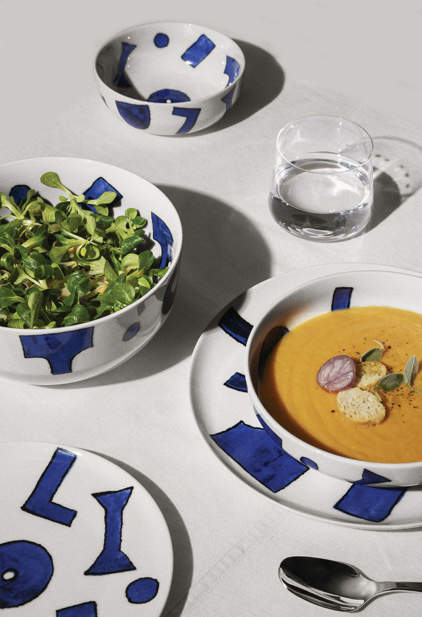 Alessi itsumo Yunoki plates and soup plate with dishes, blue motif on white