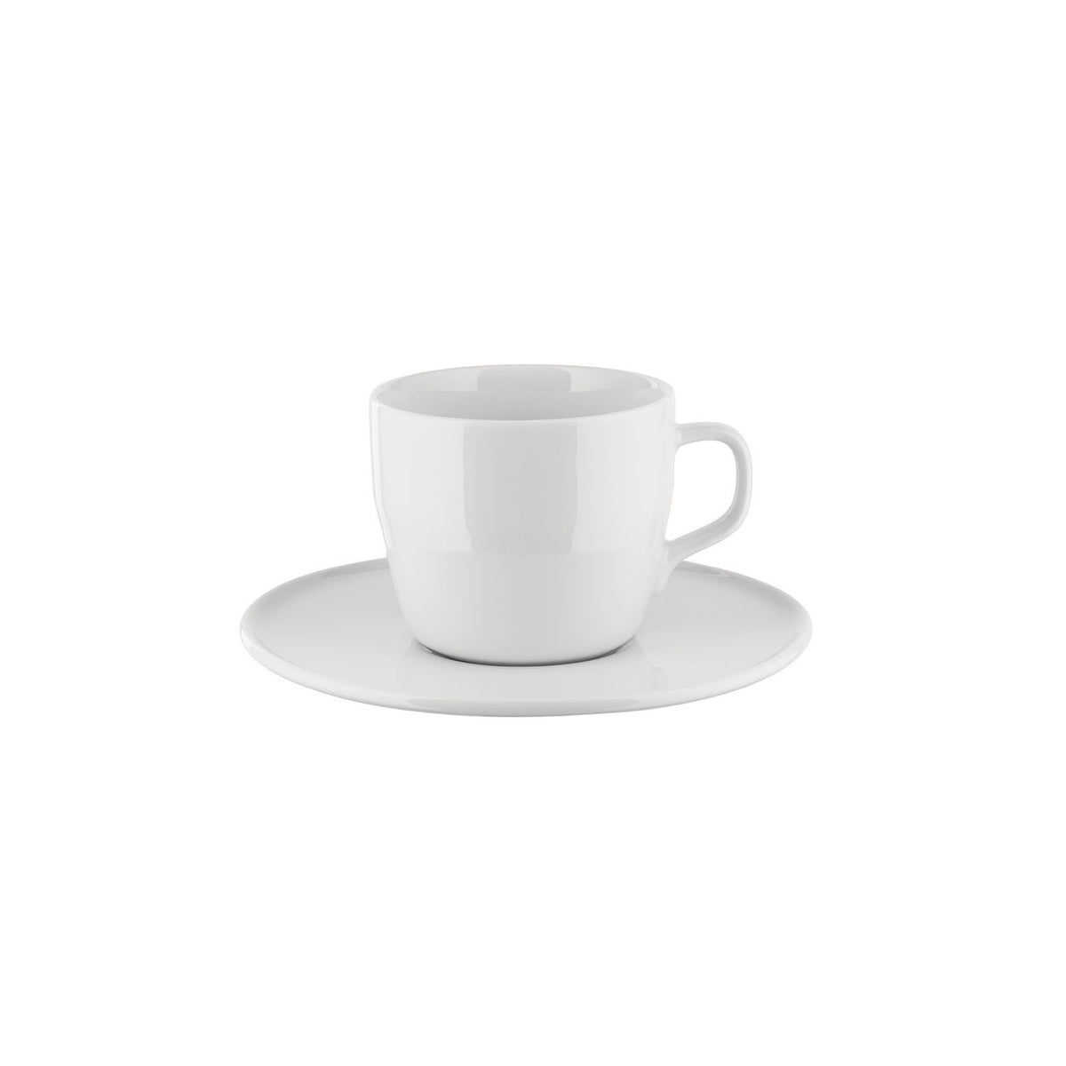Alessi Itsumo koffiekop met vlakke schotel in wit porselein, ontwerp Naoto Fukasawa.