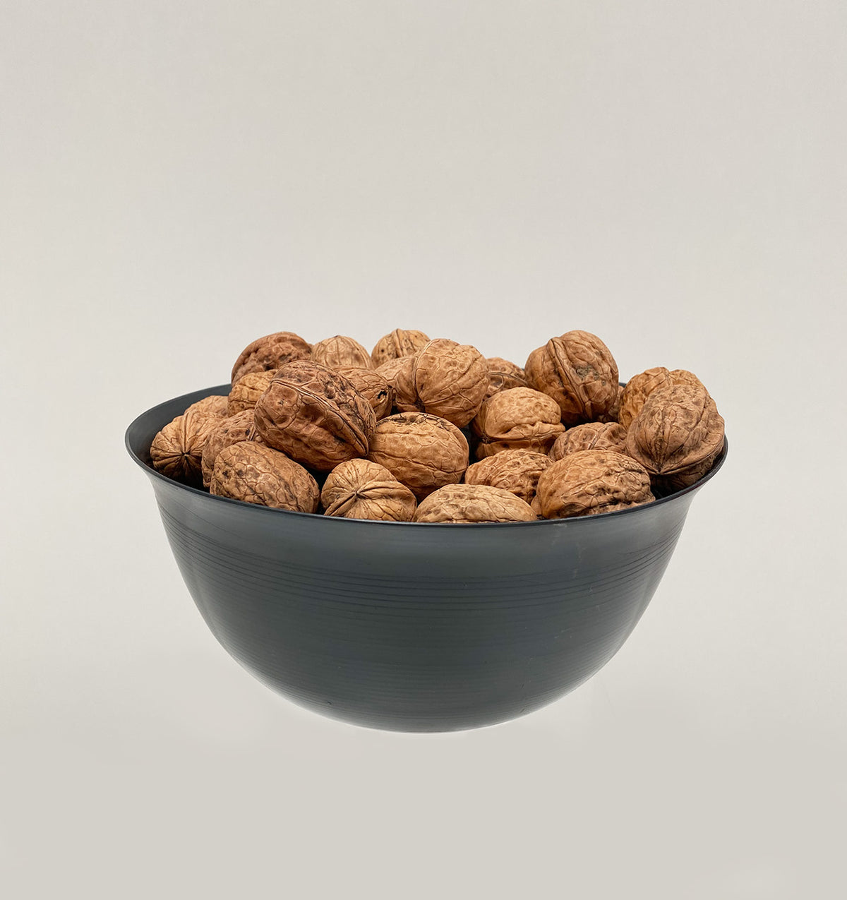 Coppa Camuna bowl in steel, filled with walnuts