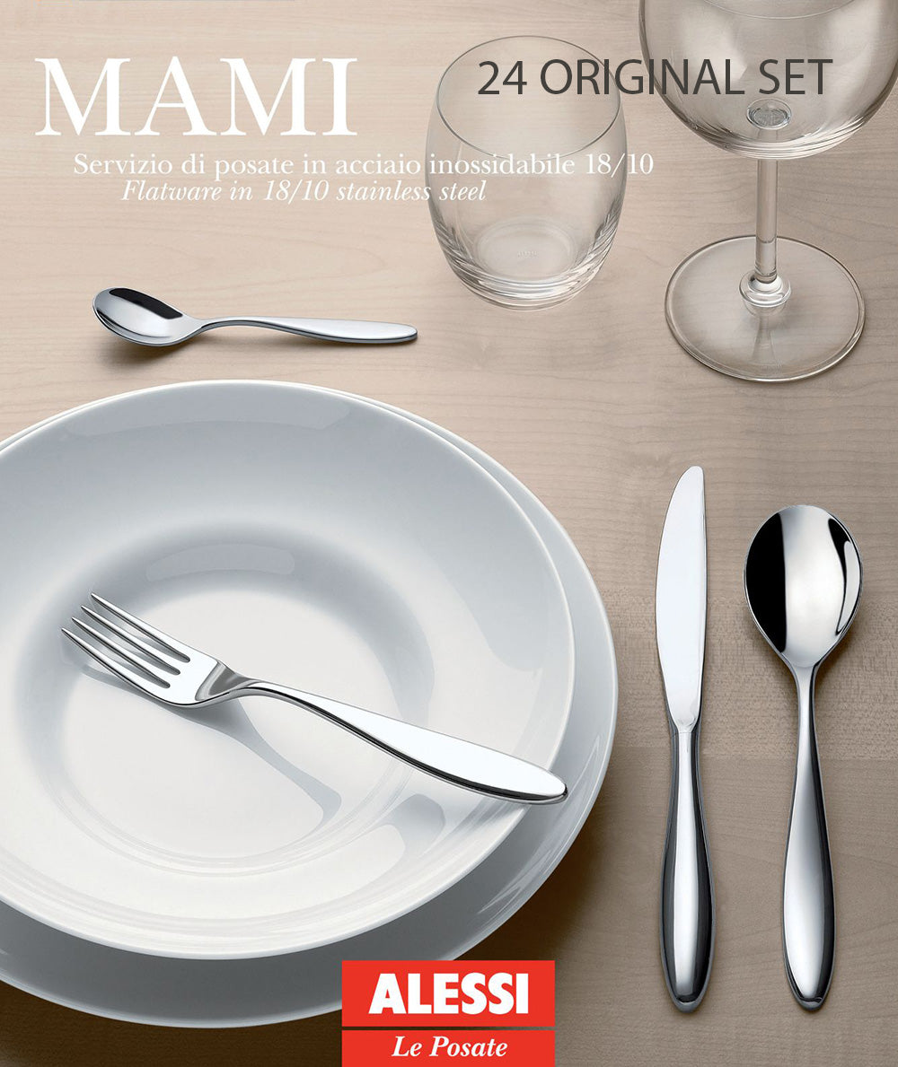 Alessi Mami cutlery set 24-piece with hollow handle, stainless steel, shown on table with plate and glass
