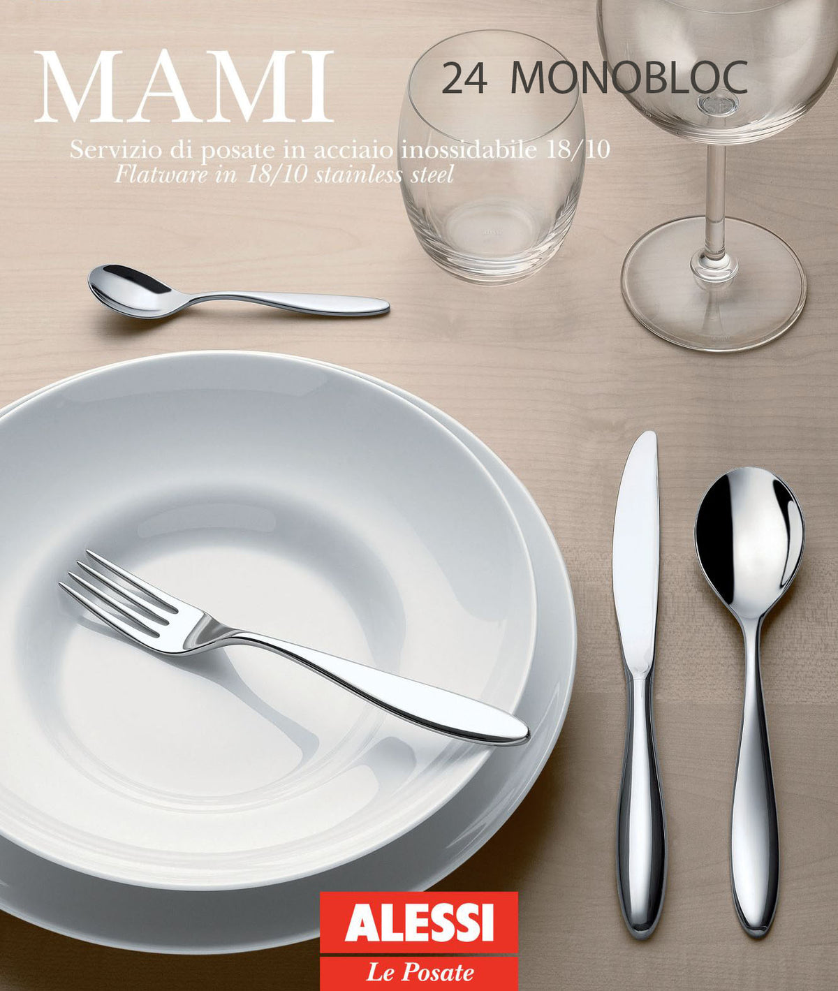 Alessi Mami 24 monoblok bestek, 24-delig in RVS, met bord en glas