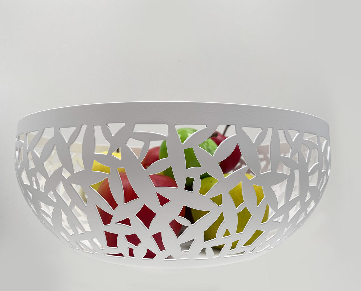 Alessi Cactus fruitschaal, wit doorbroken metaal, vooraanzicht met fruit