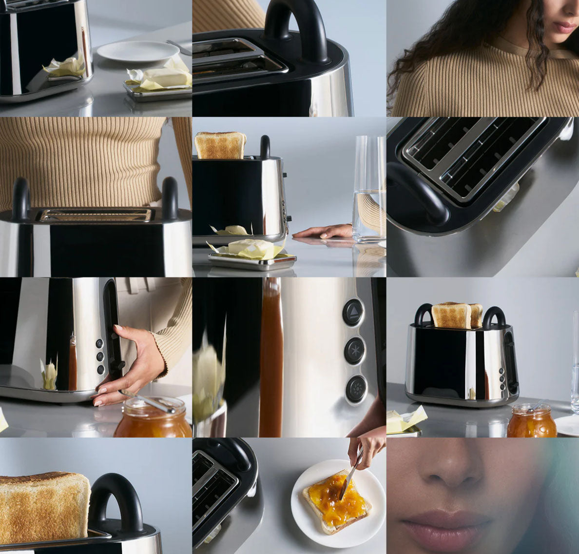 Alessi Toru broodrooster in rvs, collage met gebruiksmomenten en details