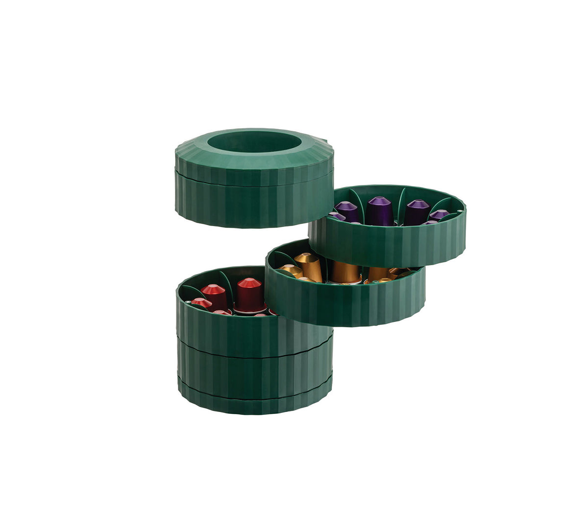 Plissé capsulehouder van Alessi in groen, geopend met uitgedraaide compartimenten en capsules