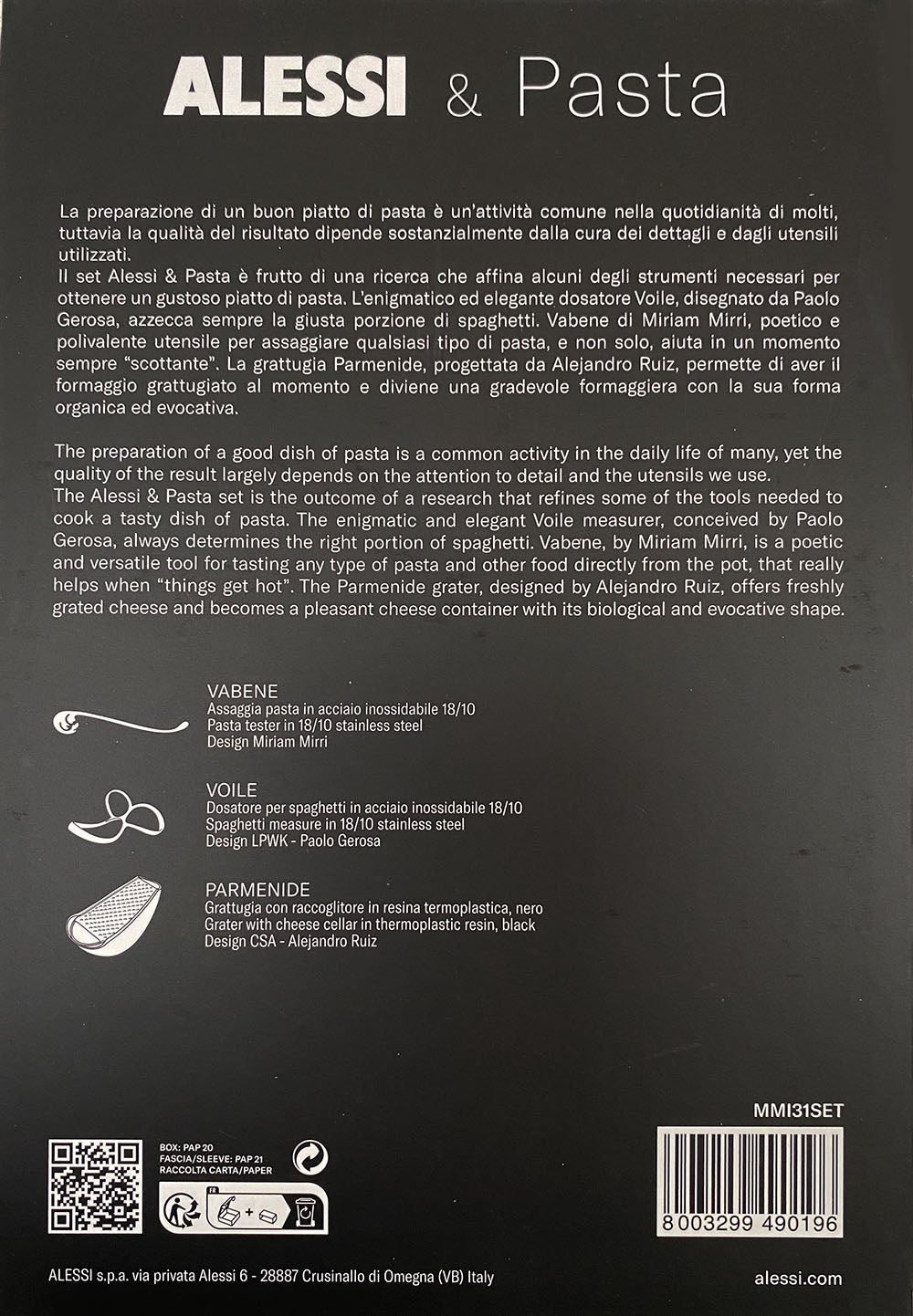 Back of packaging with information about Vabene, Volie and parmenide