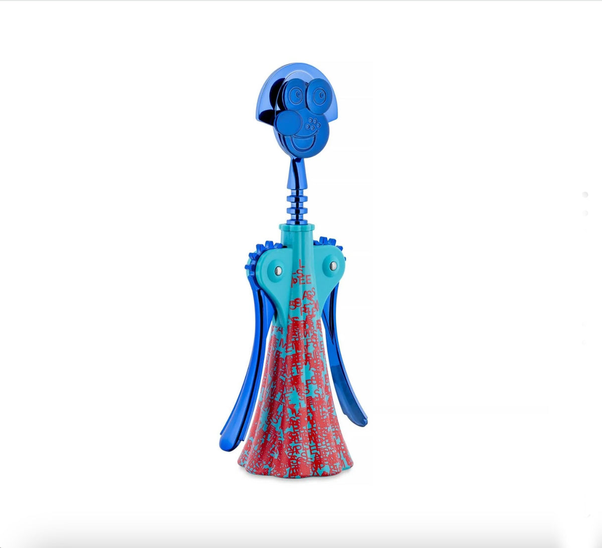 Side view of the Alessi Anna corkscrew with blue finish and red motifs
