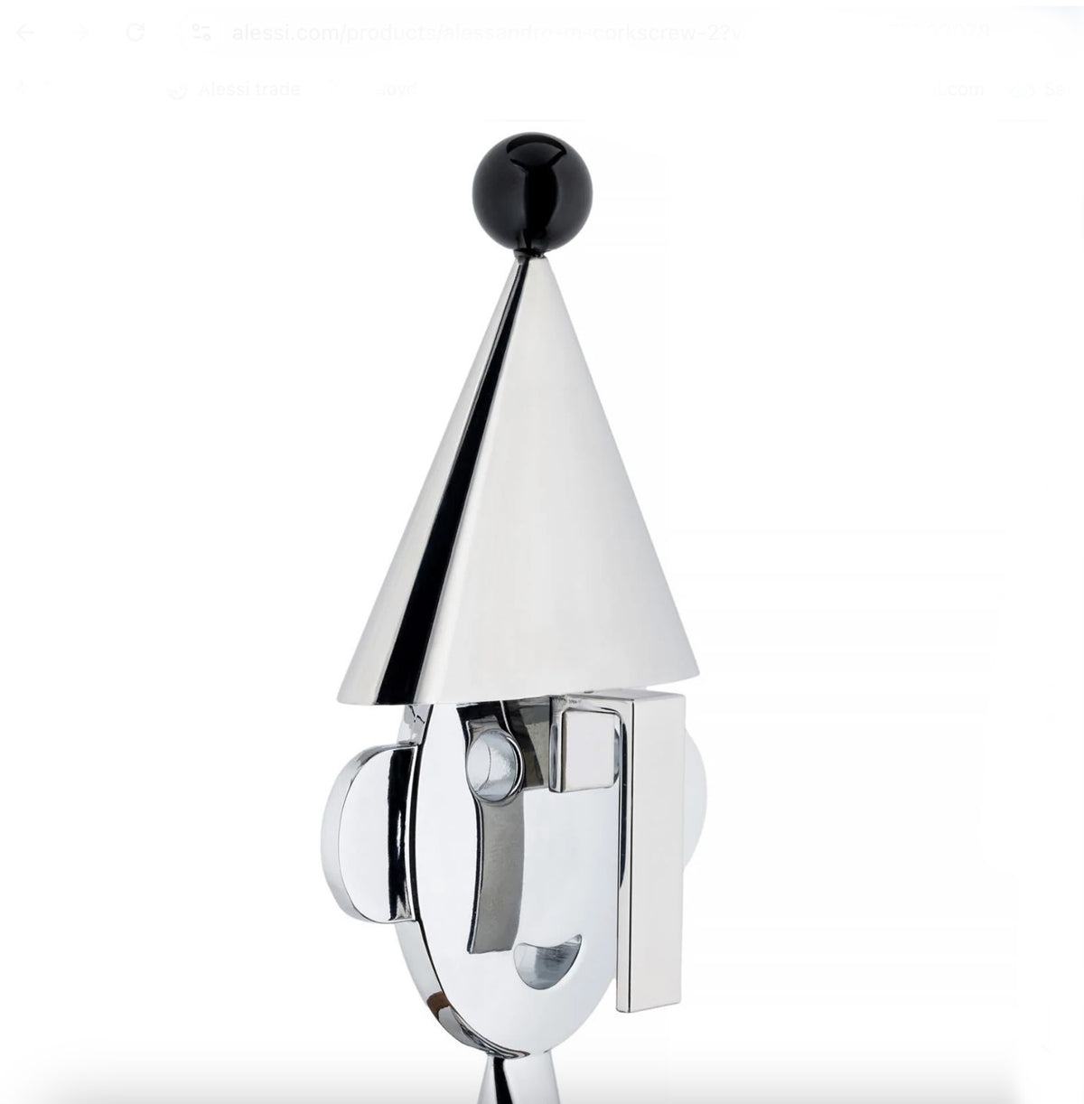 Alessi Alessandro M. Parade Special kurkentrekker, detail van hoofd en puntige hoed