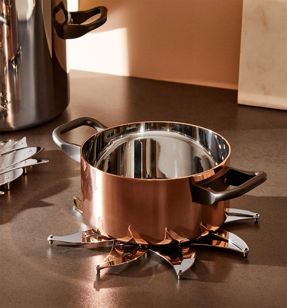 Alessi Augh coaster under a pan on the countertop