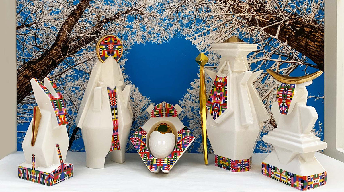 Alessi Holyhedrics kerstgroep, complete set met veelkleurig geometrisch patroon