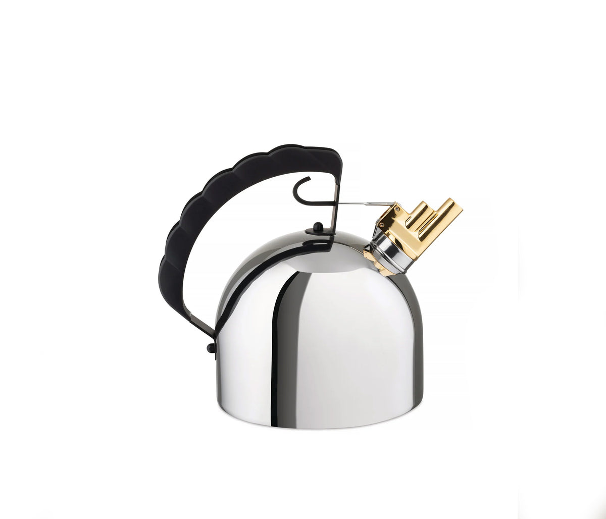 Alessi fluitketel Sapper, gepolijst rvs met fluit in koper en zwart handvat