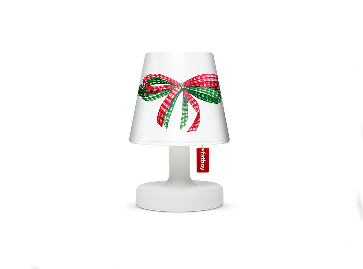 Fatboy Edison Petit, witte tafellamp met rood-groen geruite kerstcappie