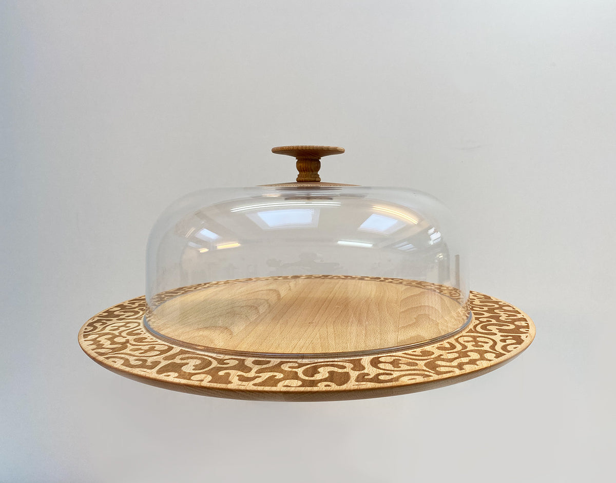 Dressed schaal met stolp van Alessi in beukenhout, ontworpen door Marcel Wanders
