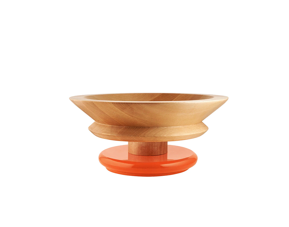 Twergi fruitschaal van Alessi, ontwerp Ettore Sottsass, blank hout met oranje basis