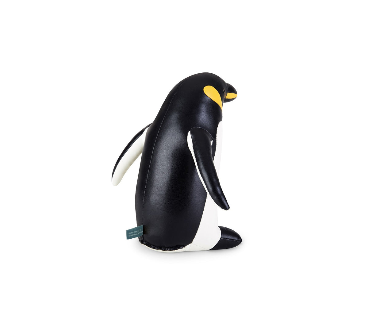 Boekensteun in pinguïnvorm van Zuny, zijaanzicht met logolabel