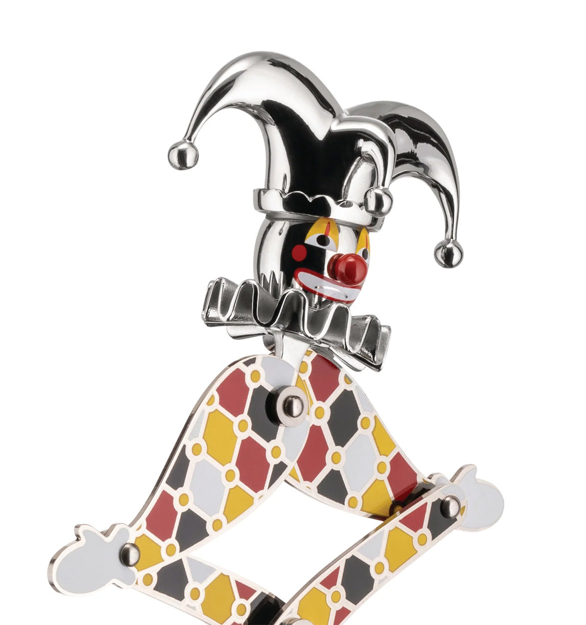 Alessi The Jester kurkentrekker, detail van hoofd in narrenkap