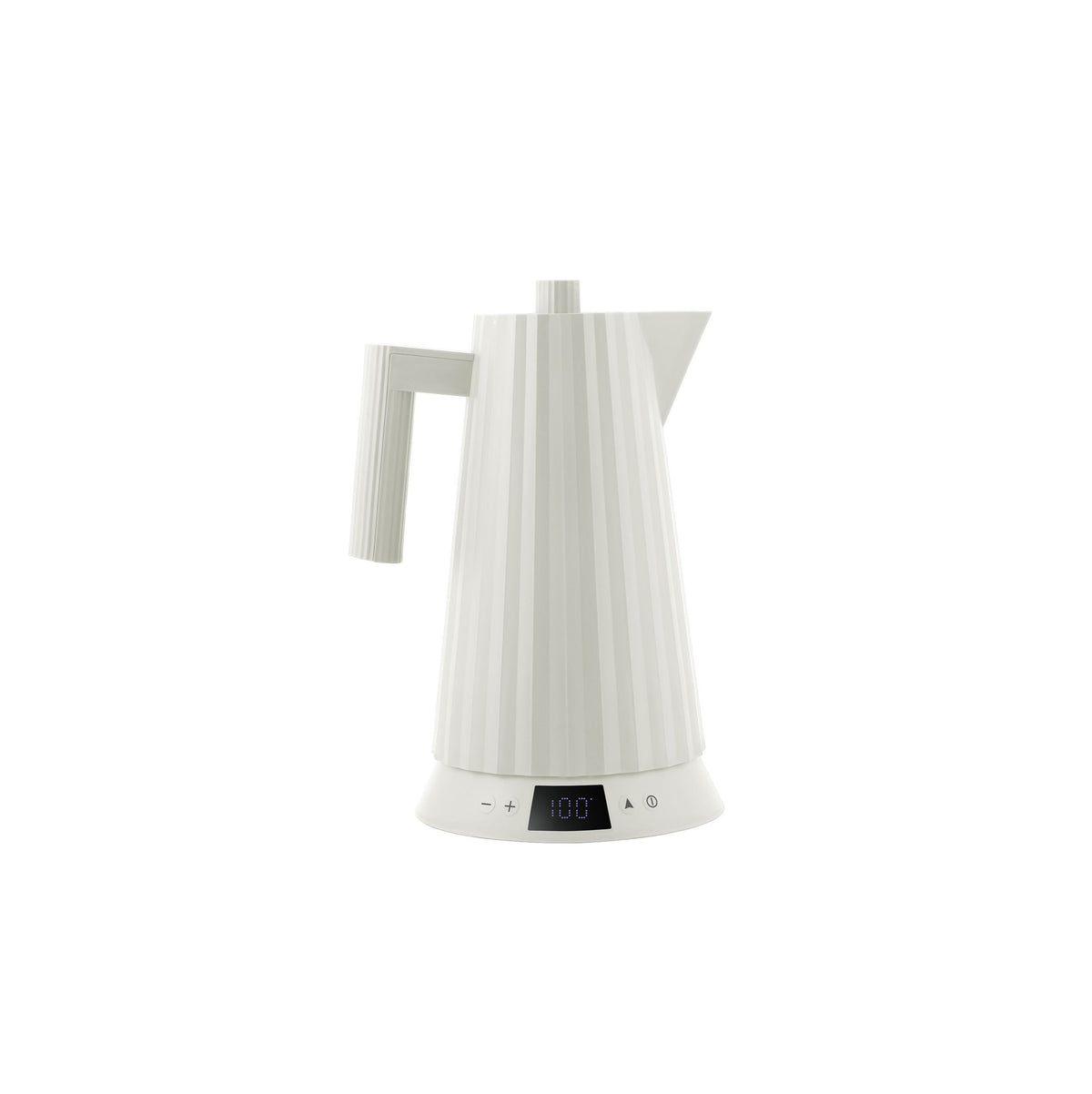 Alessi Plissé waterkoker in wit, met temperatuurdisplay op de voet