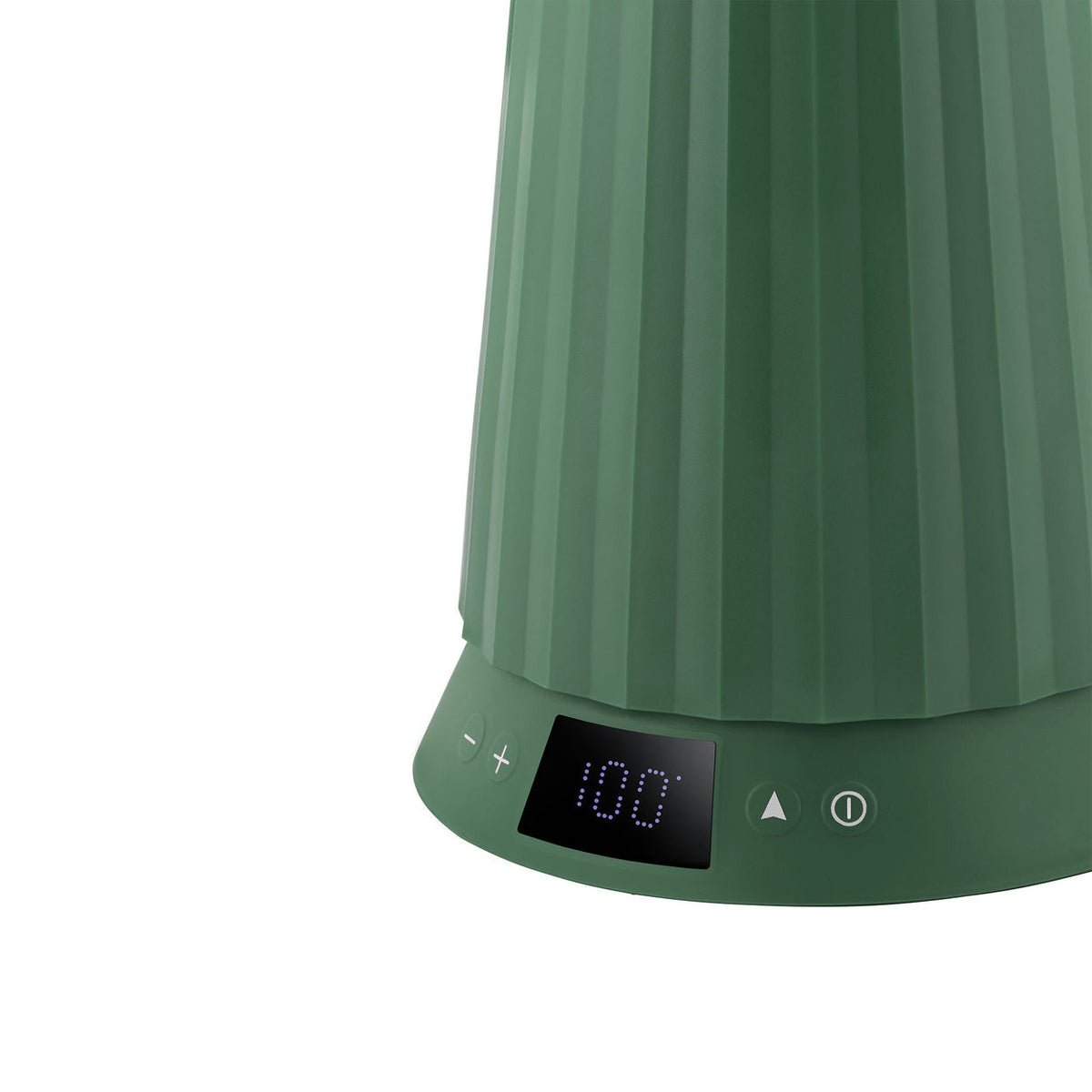 Detail van het display en bedieningsknoppen van de Plissé waterkoker in groen