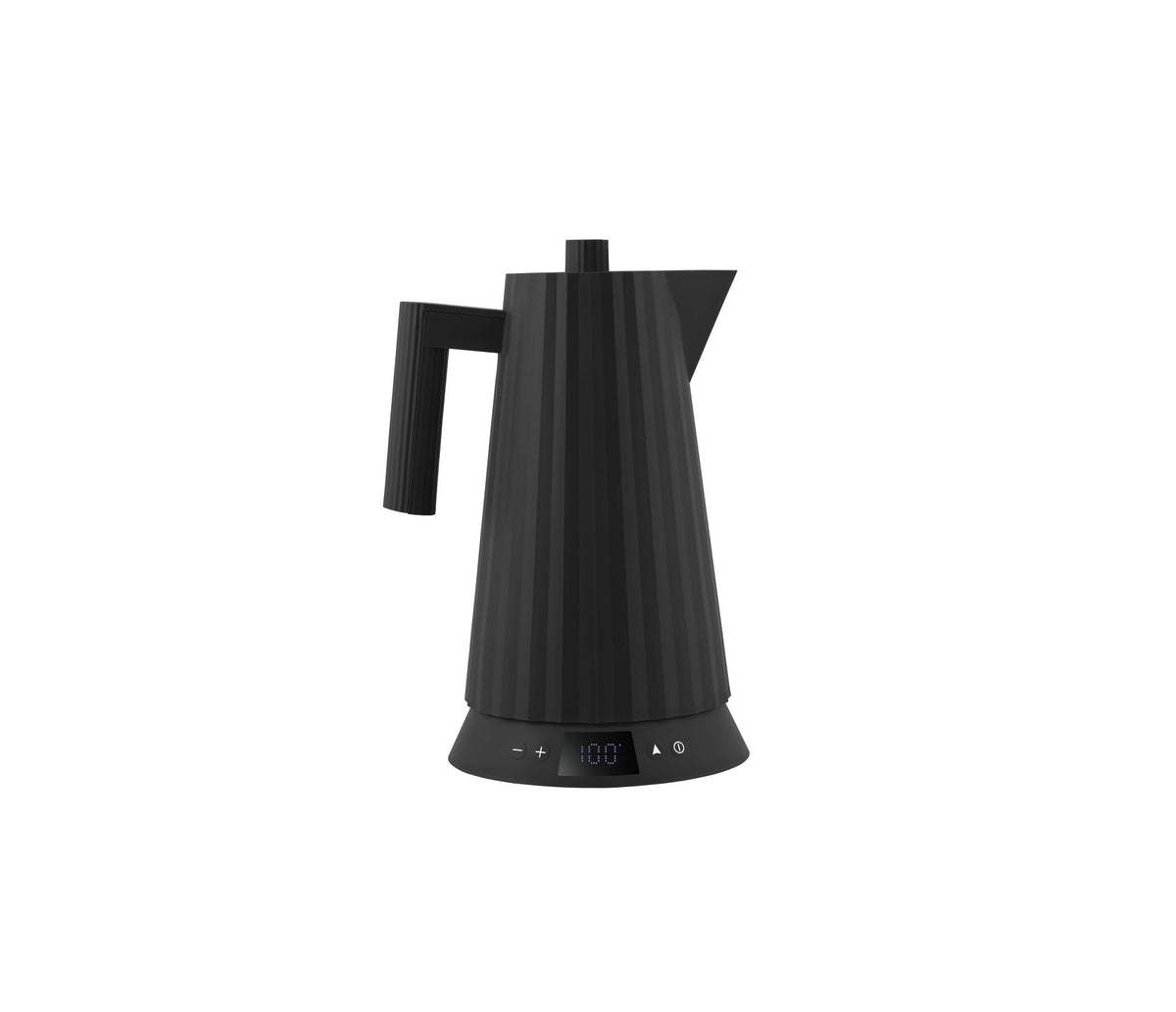 Alessi plissé waterkoker in zwart, met temperatuurdisplay op de voet