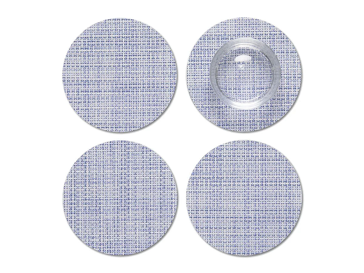 Four coasters from the Mini Basketweave series, blue-purple, one with glass on top