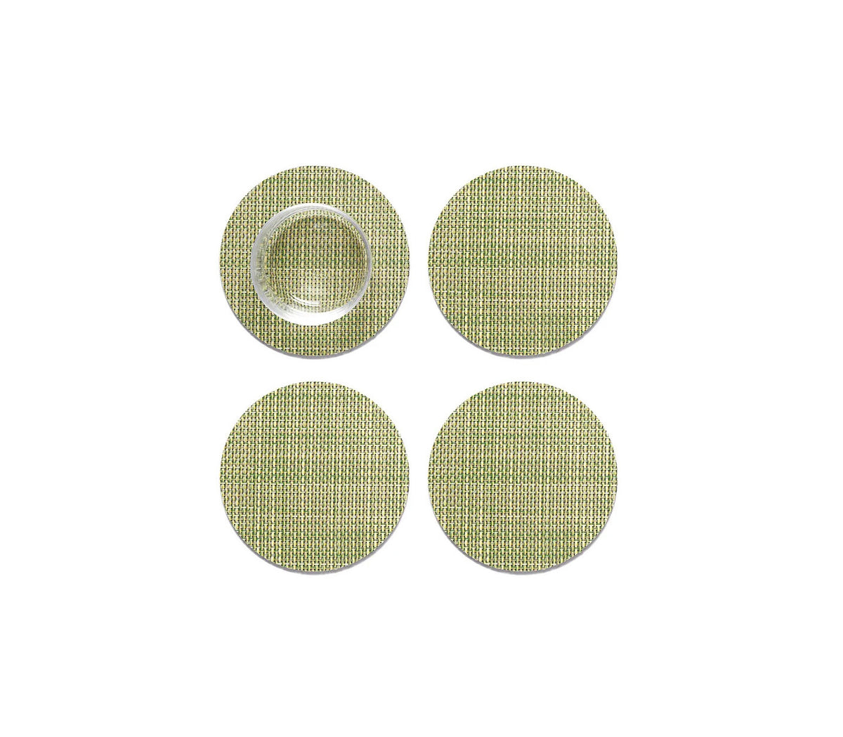 Chilewich Dill onderzetters, ontwerp Sandy Chilewich, set van 4 in groentint, één met glas erop