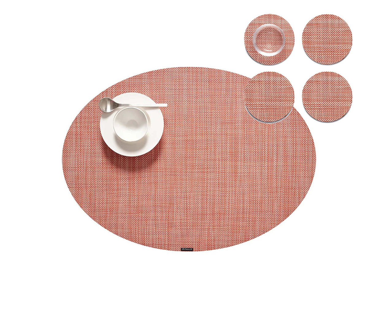 Ovale placemat met bijpassende mooie onderzetters in terracotta, serie Mini Basketweave