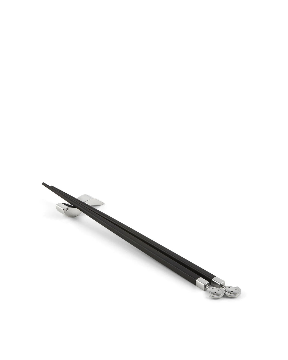 Alessi Chopsticks Anna, set van twee ebbenhouten eetstokjes met stalen Anna-gezichtjes en vis-houder
