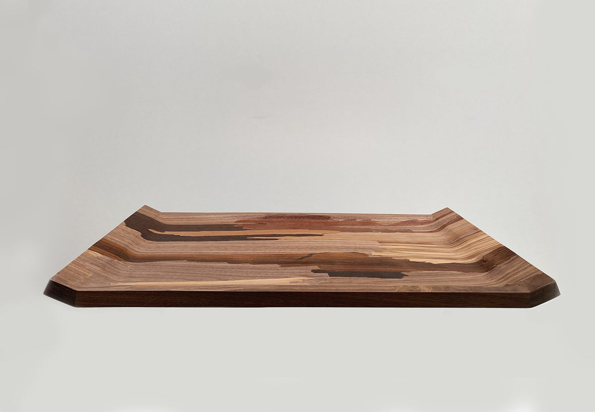 Length view of Re-Veneer tray in dark wood with pointed corners