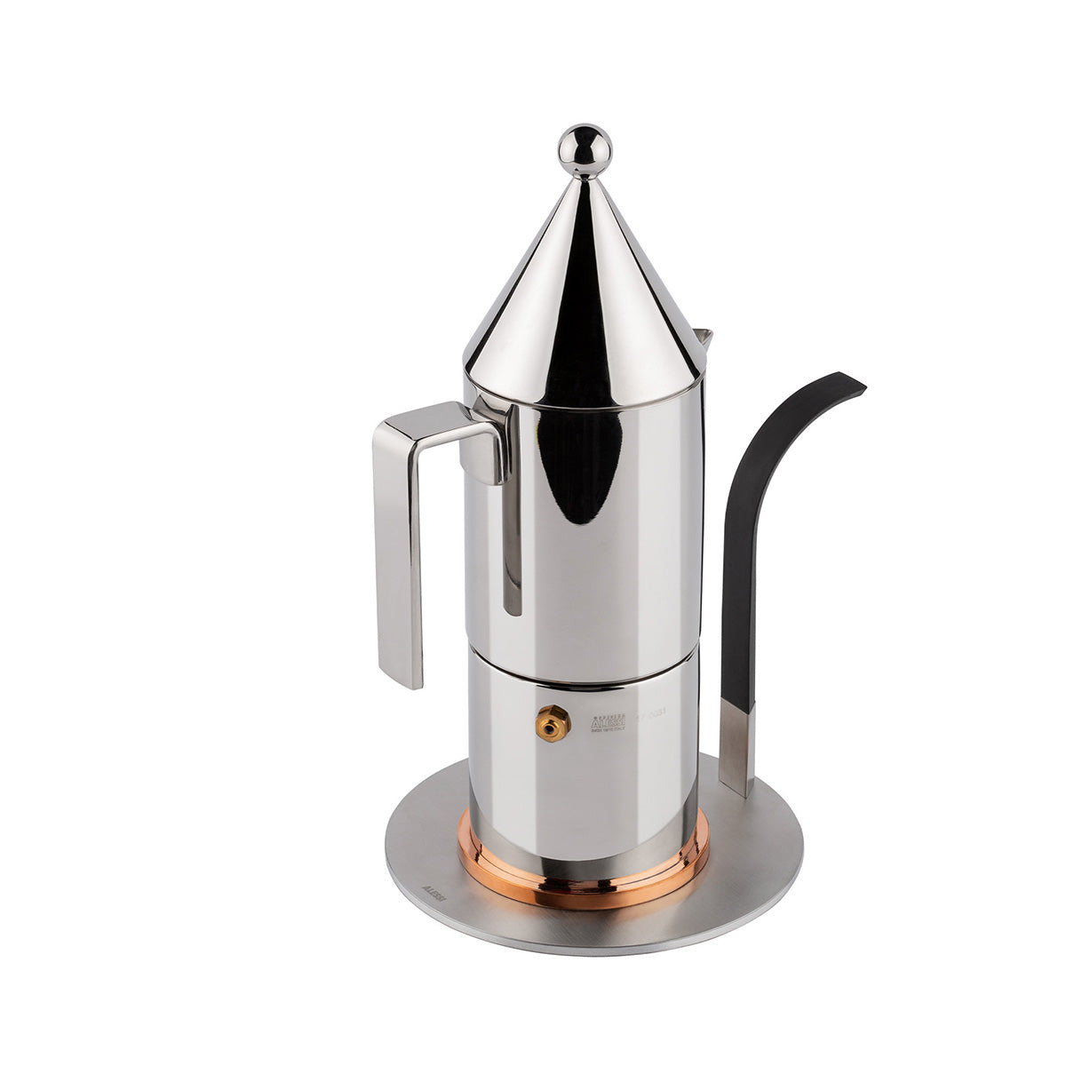Inductie-adapter onder een percolator met kegelvormig deksel en koperkleurige rand.
