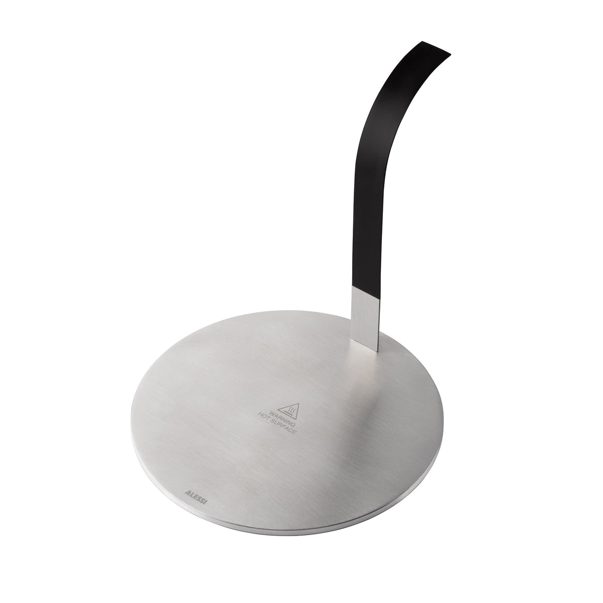 Bovenaanzicht van de Alessi inductie-adapter met bodem van staal en zwarte greep.