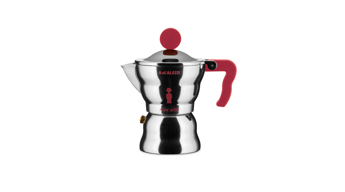 Alessi Mendini Moka koffiezetapparaat, 1 kops, aluminium met rood handvat en knop