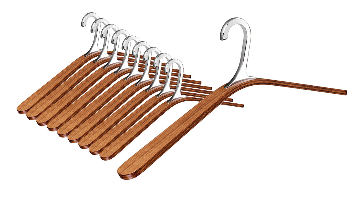 Flu kledinghangers, set van 10, houten hanger met brede uitloop en chromen haak