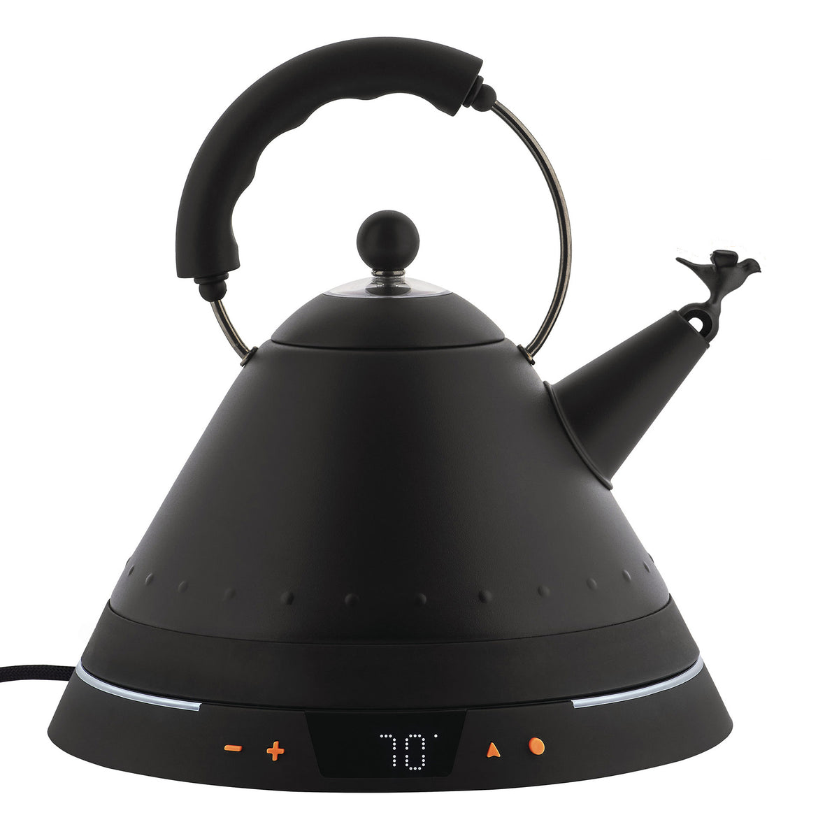 Alessi MG32 waterkoker met temperatuurregeling, vooraanzicht in zwarte met display en bedieningsknoppen