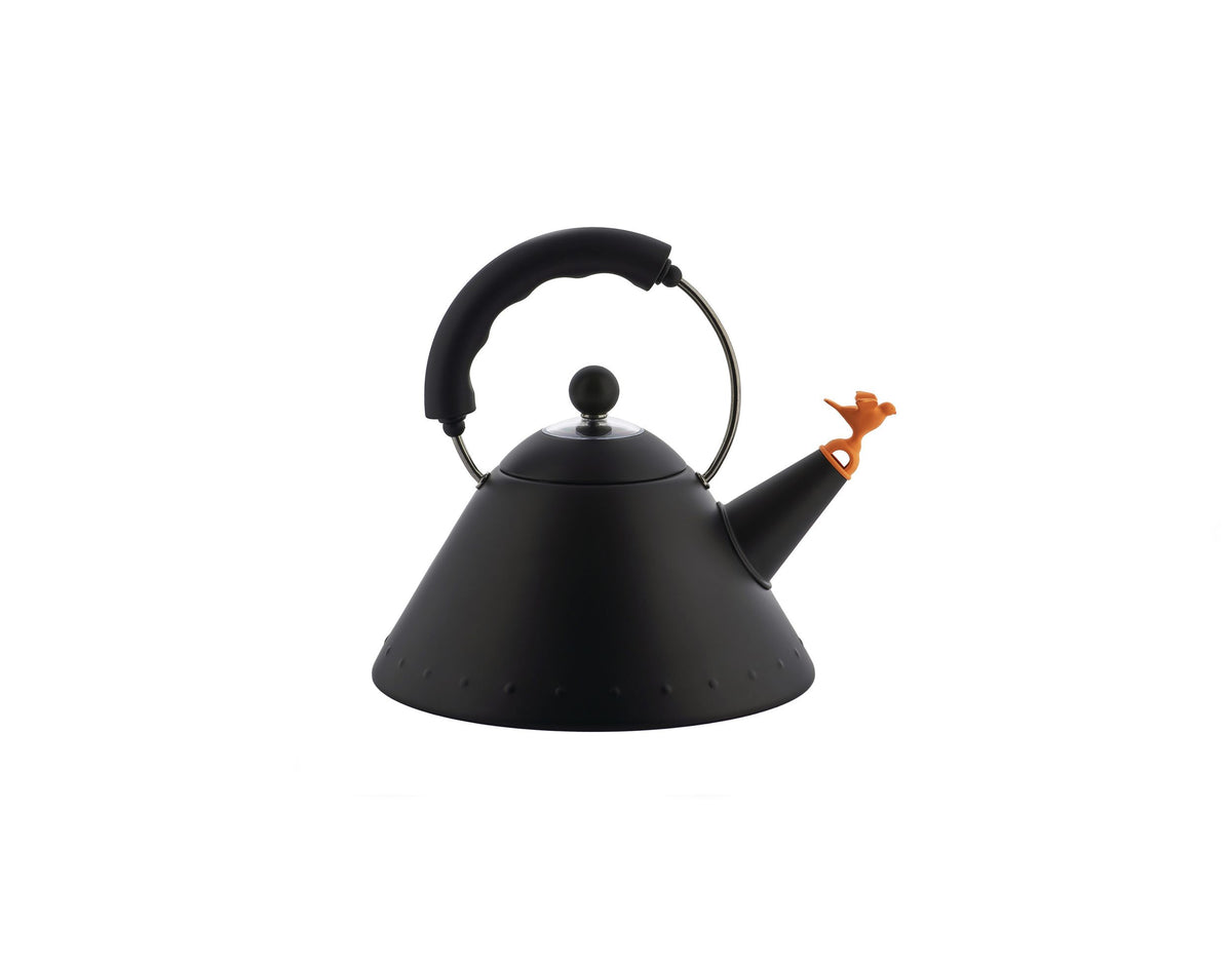 Alessi fluitketel New Black Edition, zwarte waterkoker met oranje vogel, zijaanzicht
