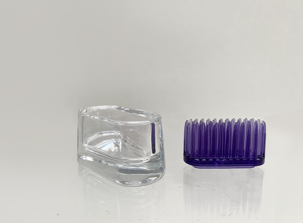 +d Michi-Kusa small glass oval vase in purple, spare parts: outer vase and stem holder