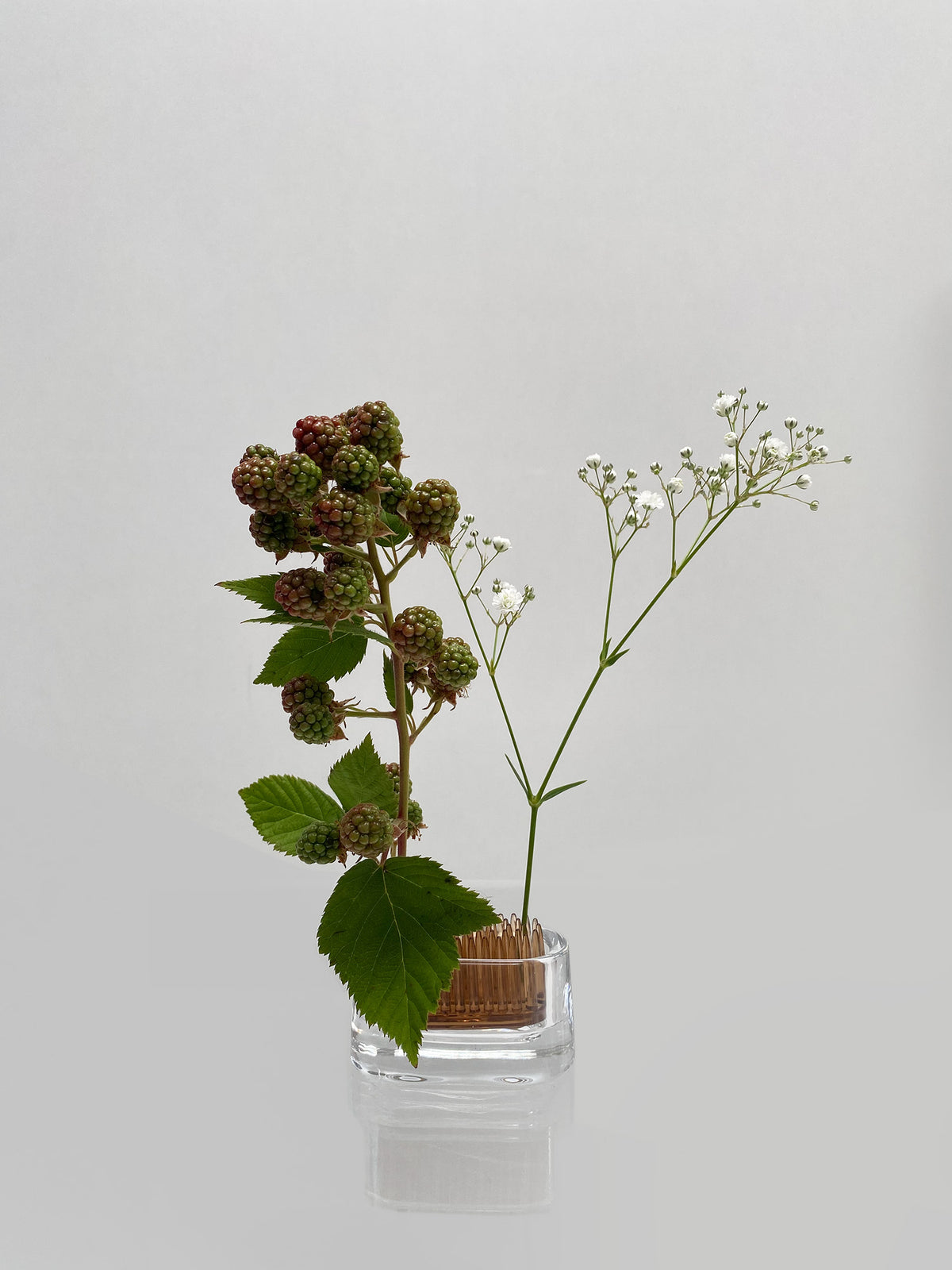 Small oval glass Michi-Kusa vase with bramble branch and small flowers, filled with water