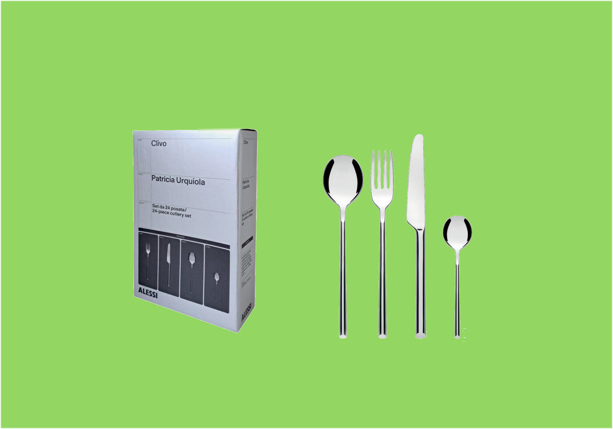 Clivo Cassette 24, nieuwe bestekset van Alessi door Patricia Urquiola, met verpakking