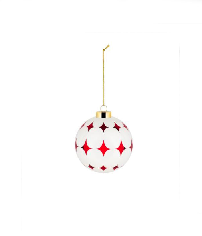 Delight kerstbal van Alessi, glazen bol met rood-wit sterpatroon, hangend aan koordje