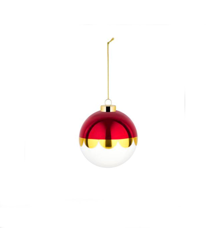 Glazen kerstbal uit de Delight-serie van Nika Zupanc, in rood, wit en goud