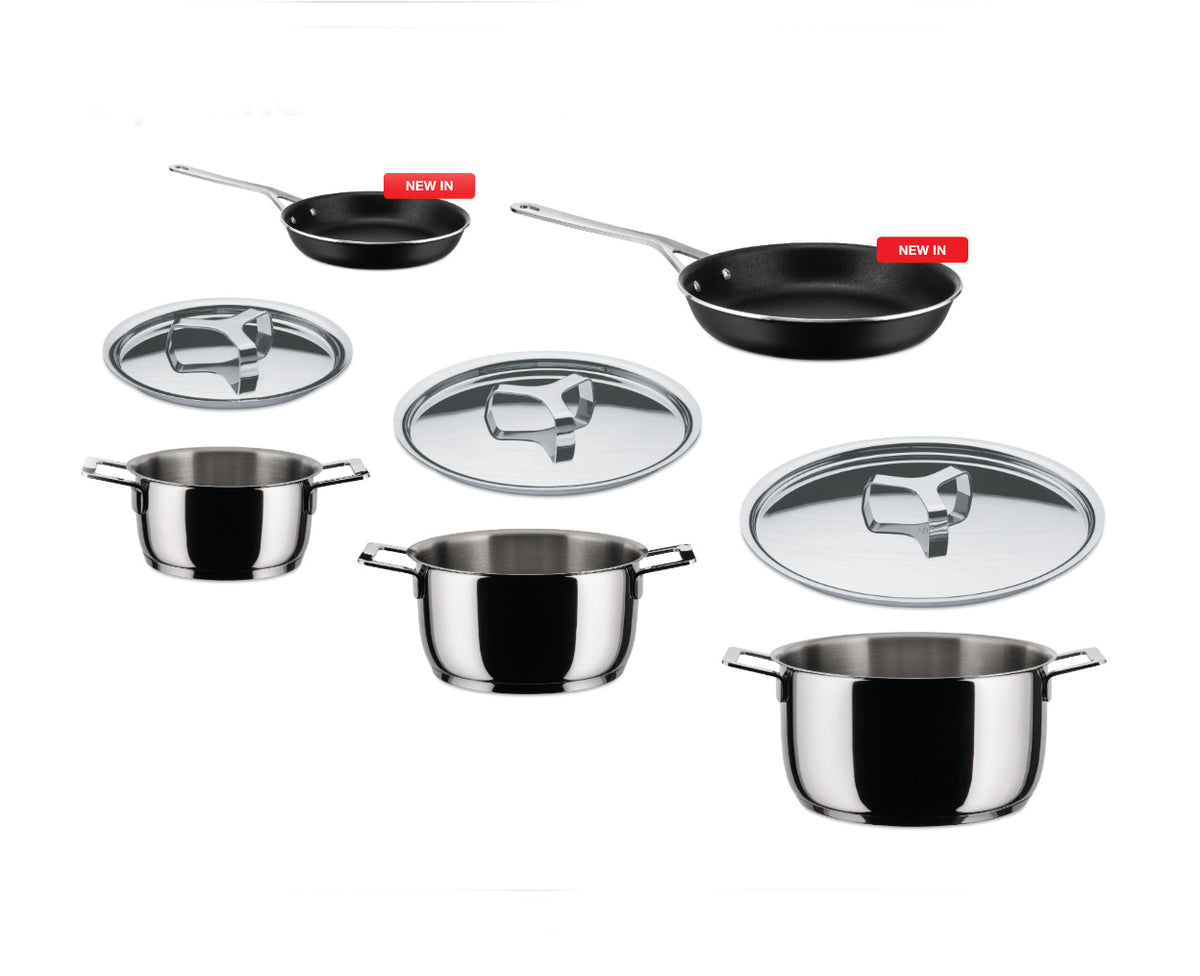 Alessi Pots&Pans actie-set: drie pannen met deksels en twee koekenpannen, RVS met keramische binnenlaag