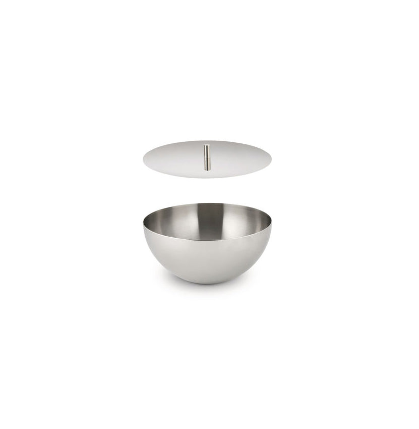 Alessi Rocc Bowl S, roestvrijstalen container met deksel los ernaast, komvormig