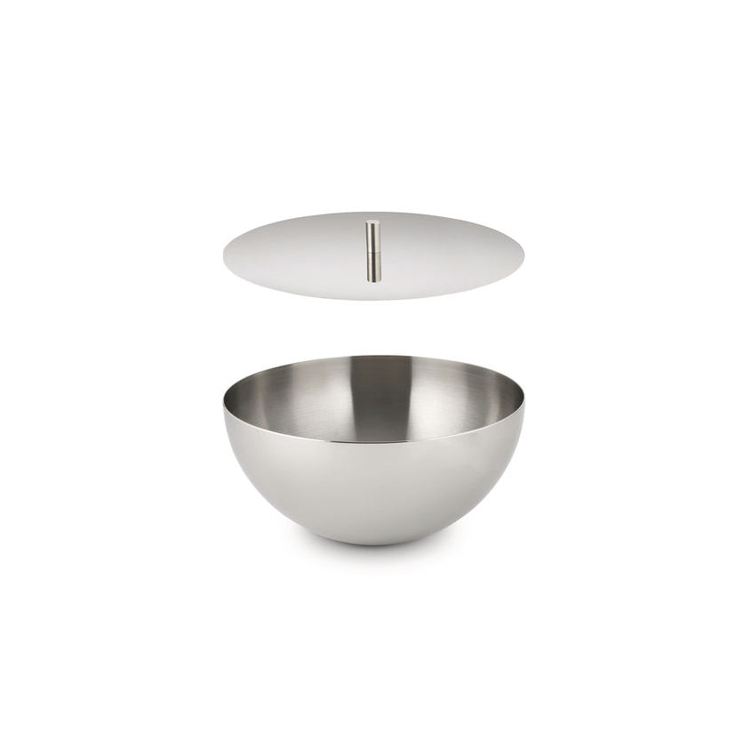 Alessi Rocc Bowl M, roestvrijstalen container met deksel los ernaast, komvorm