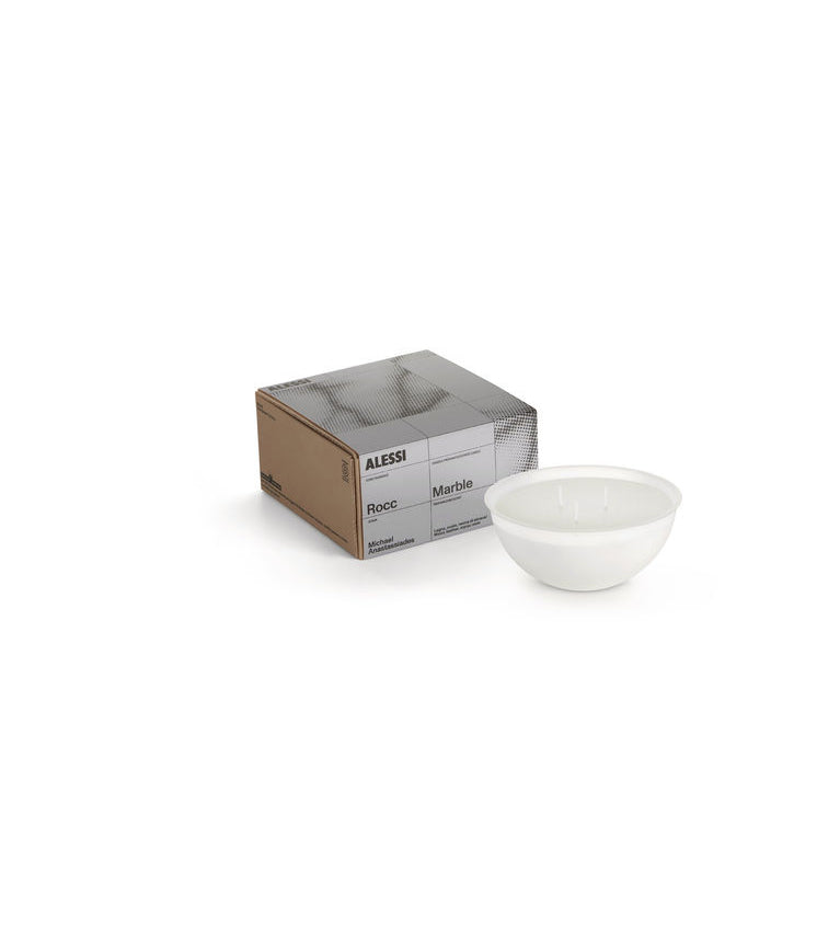 Alessi Rocc Marble S, losse geurkaars met drie lonten naast verpakking
